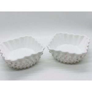 Vntg FENTON White Milk Glass 4" Hobnail Crimped Top Small Square Bowl-Set of 2